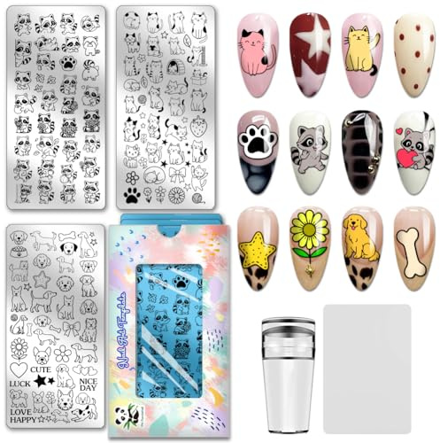 PH PandaHall 3pcs Animaux Nail Stamping Plaques Mignon Chats Chiens Nail Art Modèles Animaux Ratons Laveurs Manucure Image Plaques Adorable Chiot Pochoirs pour Femmes Manucures Salon Design Impression