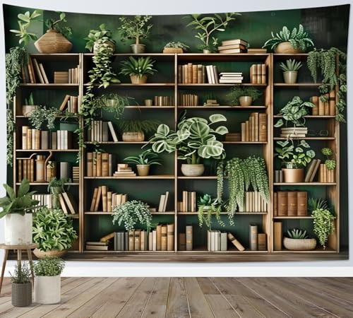 LB Wandteppich Grüne Pflanzen Wandtuch Vintage Bücher im Regal Wandbehang Wand Deko für Wohnzimmer Schlafzimmer Wohnheim,150x100cm