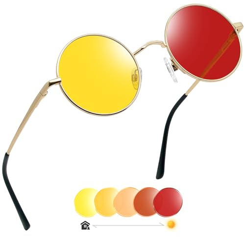 Joopin Ronde Fotochromatiska Solglasögon Retro 80-tals Multifärgade och Klassiska Herr- och Damglasögon Rund UV400 Steampunk Hippie Glasögon Solglasögon för Cosplay (Guld Gult-Rött)