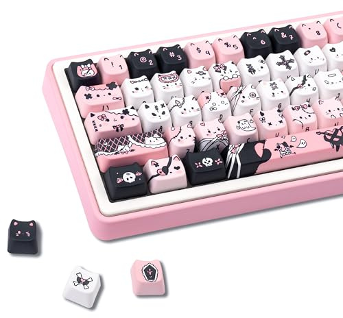 COOMICKEY PBT Keycaps Black Charm Cat Pink Cute 130 Keys MX Switch Key Cap | MAO Profile, Dye Sublimation Legends, Custom Keycaps, 60%-100% Layouts, ANSI/ISO Support, Desk Setup, Office Work, Gaming Use