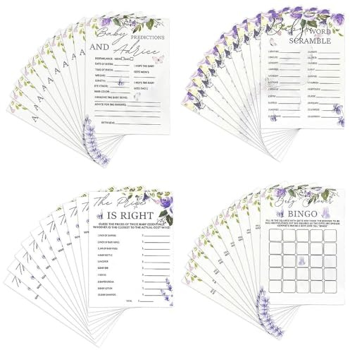 40 Baby Shower Game Cards, 20 Prediction & 20 Bingo Cards, Purple Floral | Two Games in One Floral Set Make Guest Participation Easy, with Prediction and Bingo Cards for Baby Shower Celebrations