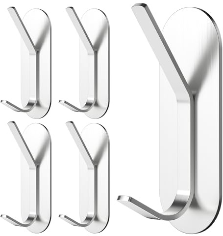 Alyvisun 5 Pezzi Ganci Adesivi, Forti Appendi Accappatoio Bagno in Acciaio Inox, Gancio Appendiabiti a Parete Senza Forare, Ganci Appendini Adesivi per Bagno, Cucina, Ufficio (Platino)