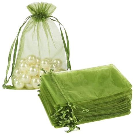 Qiantull 50 Stück Organzasäckchen Organzabeutel Organza Taschen mit Kordelzug Geschenkbeutel Schmuckbeutel Organza Säckchen Geschenksäckchen für Hochzeit Weihnachten Militärgrün 30x40cm