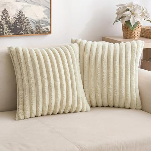 MIULEE 2er Set Kissenbezug 60×60cm Breitstreifen Plüsch Beige | Polyester Plüsch Weich Kuschelig Pflegeleicht Dekorativ für Sofa Wohnzimmer Schlafzimmer Kinderzimmer und Gästezimmer