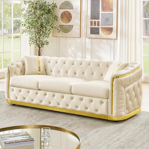WIN FORCE 84.6 Mid Century Modern 3 Seater Chesterfield Sofa Couch, White Beige and Gold Couch Velvet Button Tufted Luxury Couches for Living Room with Golden Decor & 2 Pillows, Beige