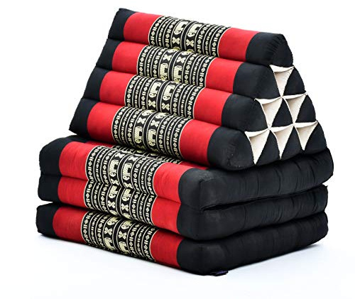 Leewadee - Comfortable Japanese Floor Mattress - Thai Floor Bed with Triangle Cushion - Futon Mattress - Thai Massage Mat, 67 x 21 inches, Black Red, Kapok Filling
