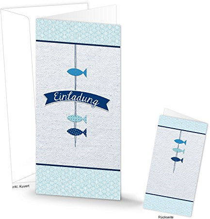 Logbuch-Verlag 3 Einladungskarten blau weiß MIT KUVERT - Einladung Karten mit Fische Motiv - Einladungen schreiben Kommunion Taufe Konfirmation