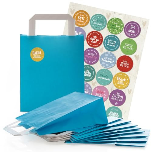 Logbuch-Verlag 24 blaue Geschenktaschen Papier 18 x 8 x 22 cm kleine Papiertaschen + MIT AUFKLEBER Sprüche Geburtstag Fest Gäste Verpackung