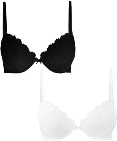 Cotonella Daniela Reggiseni Push-Up in Pizzo con Imbottitura Gel, Coppa B,(Bianco E Nero) 2B