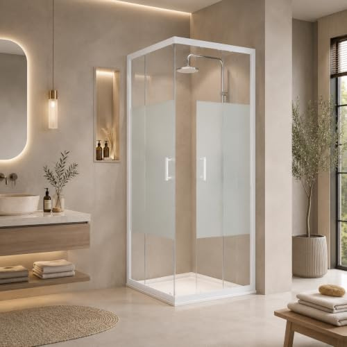 Schulte Sunny Duschkabine Eckeinstieg 90 x 90 cm | Schiebetüren | 190 cm Höhe | 5 mm ESG Sicherheitsglas Dekor Dezent light | Alpinweiß | Montage auf Duschwanne oder Fliese
