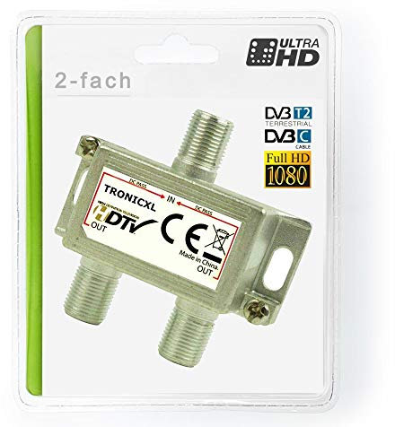 TronicXL Digitaler Premium 2-Fach Antennenverteiler Verteiler Weiche Splitter zb für Satelliten F-Stecker DVB-T DVB-C SAT Dab+ DAB HDTV 4K CATV Breitband UKW Radio Radiosplitter mit DC Durchgang
