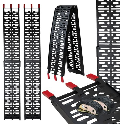TRUTZHOLM 2X Auffahrrampe klappbar 228 cm Traglast 680 kg Alu schwarz | Verladerampe Motorradrampe mit gelochter Lauffläche und geriffelter Auflage inkl. Spanngurt für Motorrad E-Bike Mofa Fahrrad