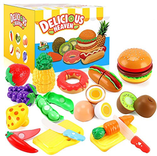 33pcs Cutting Pretend Play Food Toys for Kids Kitchen Set Playset Accessories BPA Free Peel & Cut Toy Food Fruits and Vegetables Toys, Christmas Birthday Gift for Toddlers Girls Boys Kids Storage Box