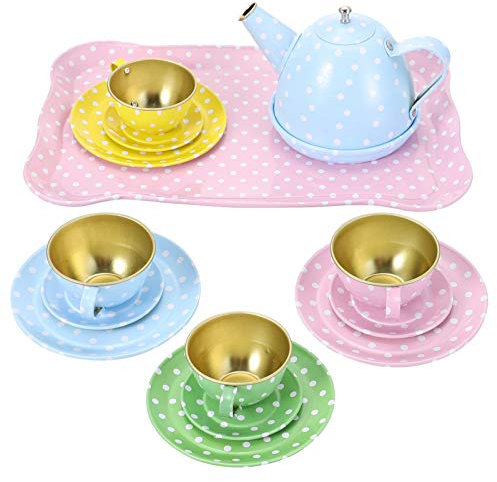 NUOBESTY 15pcs Princess Pretend Tinplate Teapot Party Set Pretend Toy Tea Set Role- Playing Tea Party Kitchen Playset for Toddlers Including Tin Tea Set