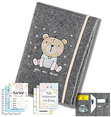 CAVOADO® Mutterpasshülle Filz mit 6 Meilensteinkarten & Schwangerschaftshackliste, Organizer für Impfass, Ultraschallbilder, Versichertenkarte, Mutterpass