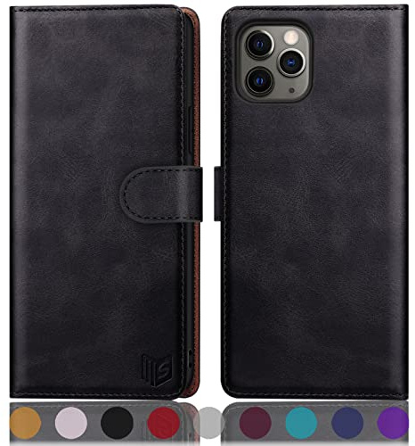 SUANPOT [RFID Schutz für iPhone 11 Pro 5,8-Zoll Hülle PU Leder Handyhülle Lederhülle Klapphülle Kartenfach Flip Cover für Apple 11 Pro Handy hülle Leather Wallet Phone Case Schwarz