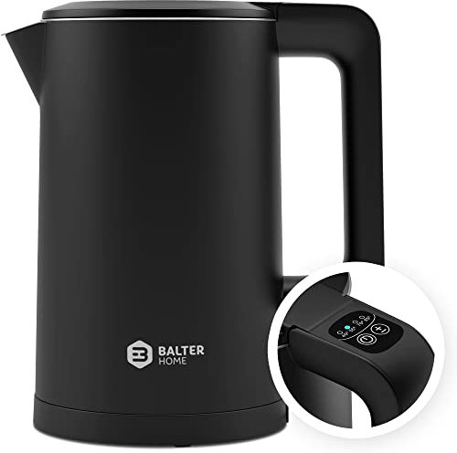 Balter Edelstahl Wasserkocher mit Temperatureinstellung, 40°C-100°C, Doppelwand, BPA frei, elektrischer Wasserkocher, Teekocher Kompakt, 1,7L, 2200W, leise, Schwarz