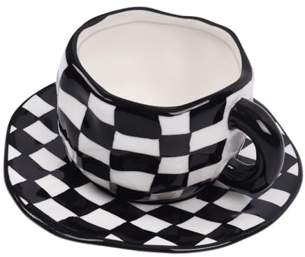 Koythin Ensemble tasse à café et soucoupes en céramique irrégulière peinte à la main, passe au micro-ondes (carreaux noirs et blancs)