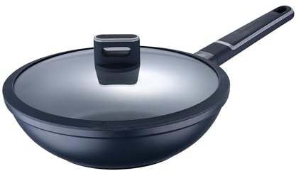 Wok cuisine 28 cm diamètre et de 8cm hauteur avec couvercle / Fonte d'aluminium / Revêtement extrêmement antiadhésif