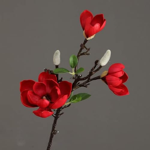 LSEAT 5 Köpfe Real Touch Magnolia Künstliche Blume PU Grün Topf DIY Hochzeit Hausgarten Balkon Dekoration Gefälschte Blume-großes Rot, 70 cm