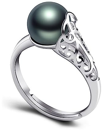 HETICA Bague ouverte réglable en argent avec perles noires de 8 mm pour femme, Cuivre, Perle noire