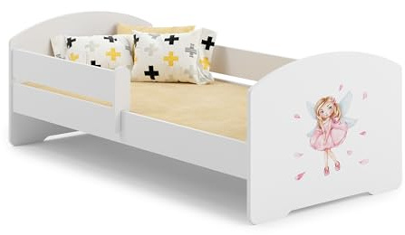 KOBI Cama infantil LUK Blanco | 140 x 70 cm | Cama infantil Camas infantiles | con colchón y marco | Habitación Bebe | Cama individual con barandilla