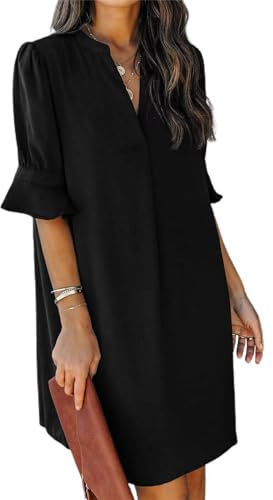 JOCAFIYE Frauen Sommer Kurzarm Kleider V-Ausschnitt Casual Flowy Swing Party Club Mini Kleid Schwarz L
