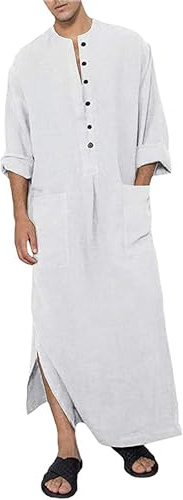 YAOHUOLE Uomini Cotone Lino Caftano Abiti Musulmani Uomo Uomo Casual Kaftan Thobe, bianco, XXXL