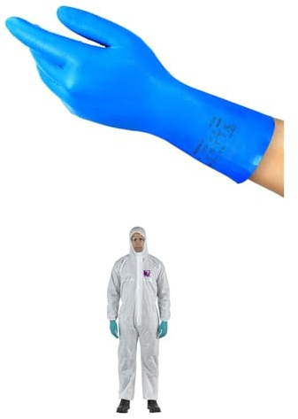 AlphaTec 37-310 Gants de Travail, Résistance Chimique et Contact Alimentaire, Bleu, Taille L (12 Paires) + AlphaTec 1500 Model 138, Combinaison de Travail Jetable, Blanc, Taille XL (1 Pièce)