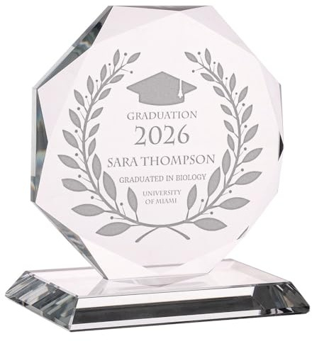 Wanapix | Trophée Personnalisé avec Nom et Texte | Verre Gravé (échelle de Gris) | Trophée Personnalisé | Boîtier de Rangement Inclus | Octogonal 17 cm| Diplôme