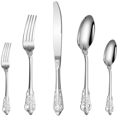Yurosiay Ensemble de Couverts 5 Pcs Vintage Couverts de Table en Acier Inoxydable Poli Miroir Ménagère Couverts Robuste Couverts de Service Couverts de Style Palais pour la Maison Party Argenté