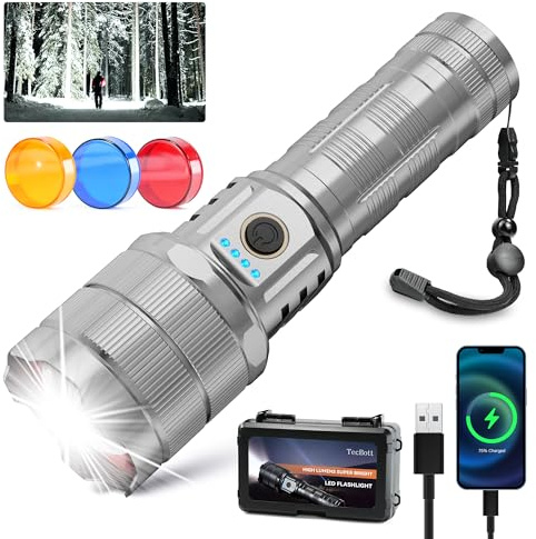 TECBOTT 10000 Lumen LED Taschenlampe USB c Aufladbar Extrem Hell Taktische Starke Hand-Taschenlampen 5 Modi Zoombar Schnelles Aufladen Ipx6 Wasserdicht Für Camping Outdoor Polizei Taschenlampe