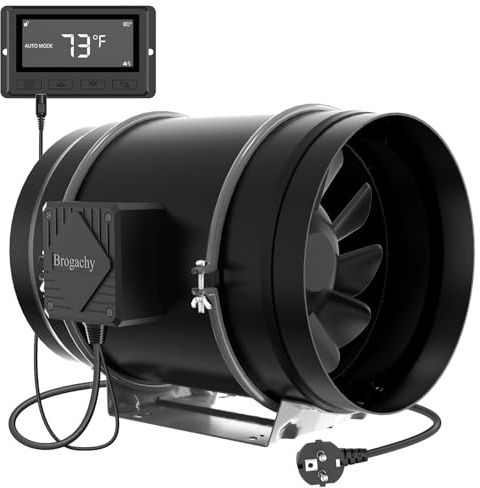Brogachy 200mm Intelligent Rohrventilator, Abluftventilator mit Temperatur- und Feuchtigkeitsregler, Dreiphasig EC-Motor, für Belüftung, Wachstumszelte, Dachboden, Werkstatt und Garage..……