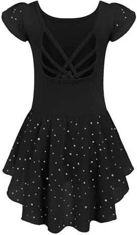 Arshiner Kinder Ballettanzug 2-10 Jahre Mädchen Ballettkleid Rückenfrei Kurze Ärmel/Langarm Ballettkleidung Baumwolle Tanzbody mit Irregulär Ballettrock mit Strasssteine