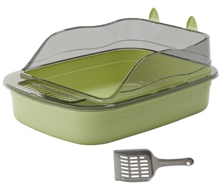 perfk Bac à litière pour Chat, Toilettes Anti-éclaboussures, 50x34x18cm, bac à Sable pour Chat avec Bassin de Sable Haut côté, Grand bac à litière pour Chat, Vert