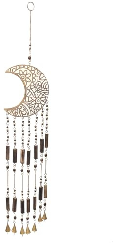 ROCKING GIFTS Móvil de Viento Colgante de Madera Marrón con Campanitas, Diseño Luna, Decoración Mural Boho, 72 cm