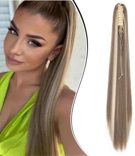 Dcbaboo Hästsvans, hårdel, fläta, förlängning med klämma, slät, lång ponytail förlängningar, hårförlängning, klämma, syntetisk, rak hästsvans, hårförlängning, fläta, 55 cm askblond och blekt blond