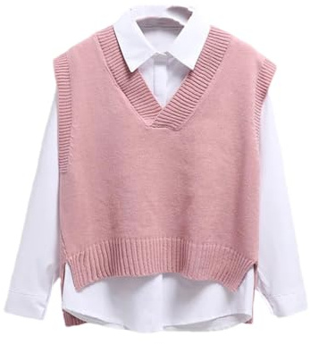 Gilet in Cotone da Donna con Scollo a V a Maglia Tinta Unita Pullover Senza Maniche, M