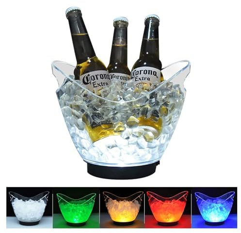 Seau à glace LED en acrylique transparent avec lumières changeantes de couleur, support rechargeable pour champagne, vin, bière, boissons pour la plage, les fêtes en plein air.