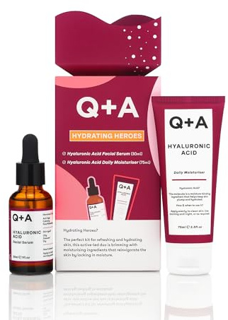 Coffret de soins hydratants Q+A Hydrating Heroes – Un coffret avec Sérum Visage à l'Acide Hyaluronique 30ml, Crème Hydratante Quotidienne 75ml pour Peau Sèche et Déshydratée, Végan