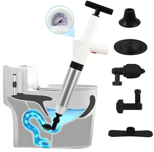YedZen Toiletten Pömpel mit Luftdruckanzeige, 4-in-1 Abflussreiniger Pumpe mit 5 Aufsätzen, Pressluft Rohrreiniger Druckluft für Toilette, Boden, Waschbecken, Abfluss, Küche, Dusche, Bodenablauf