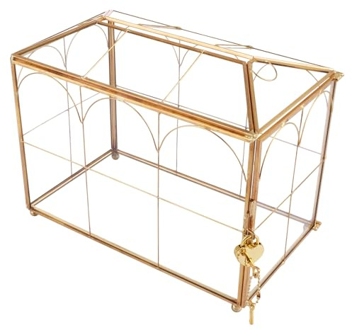 LOLYSIC Glas-Karten-Box mit Schlitz und Schloss für Hochzeit, Party, Empfang, Wishwell Andenken, Spende, geometrische dekorative Glasterrarienbox, Geschenkkarten-Box, 26 x 14,5 x 21,3 cm, Gold
