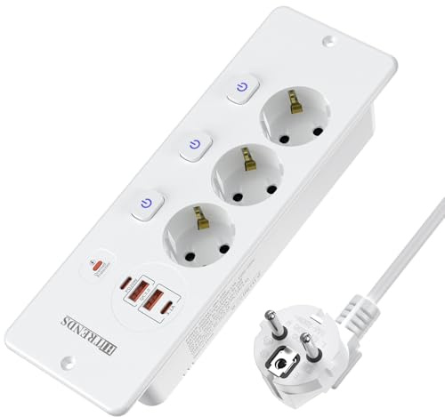 Inbyggt uttag med USB och bordsuttag, 1,8 m kabel, flera uttag 3 fack, överspänningsskydd, 3 250 W, för kök och kontor
