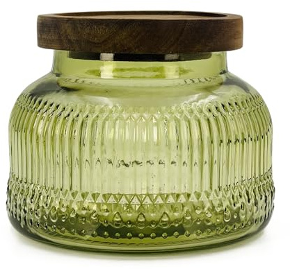 Barattolo decorativo in vetro verde con coperchio ermetico in legno da 750 ml, con bocca larga, contenitore vintage da cucina per biscotti, caramelle, miele, farina, spezie, caffè, tè, decorazione per