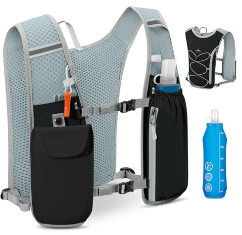 Laufweste Damen und Herren mit Trinkflasche 500 ml, Leichter Trinkrucksack 5L, Reflektierender Trinkrucksack mit Handyhalterung für Jogging, Trailrunning, Fahrrad, Marathon, Motorrad