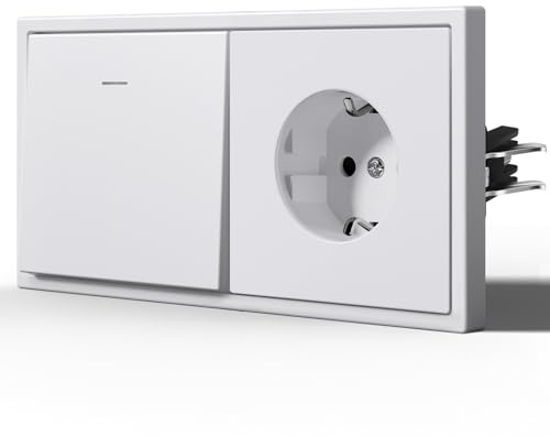 BSEED Interruptor Conmutador y Enchufe,Mate Basculante con Garfio,Botón Pulsador con Pilotitos LED,Fácil Instalación,C-Series,1 Gang 2 Vía Con Enchufe,150mm Blanco