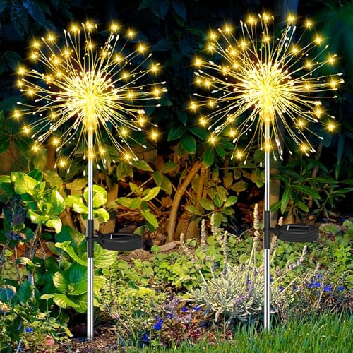 BBLTIFF Luci Solari da Giardino, 2 Pezzi 120 LED Luci da Esterno Giardino Solari con 8 Modalità, IP65 Impermeabie Solare Fuochi D'artificio per Decorare Patii, Prati e Terrazze (Bianco Caldo)