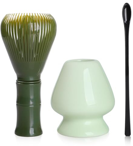 Bigqin Agitadores para Té Matcha, 3 Piezas Juego de Batidor de Huevos, Soporte Agitador de Cerámica, Resina Lavable Lavable cepill Batidor y Cuchara, para las Bebidas Matcha Té Postres