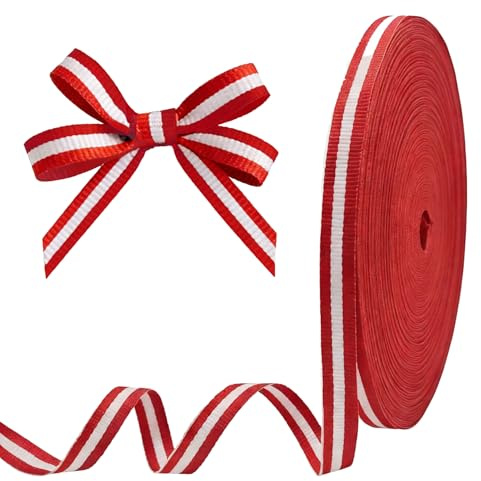 Rosso e Bianco Decorativo Nastro, (55 Metri x 10 mm) Rosso a Righe Poliestere Grosgrain Nastro per Festa di Natale Decozione, Confezione Regalo, Decorazione per Matrimoni