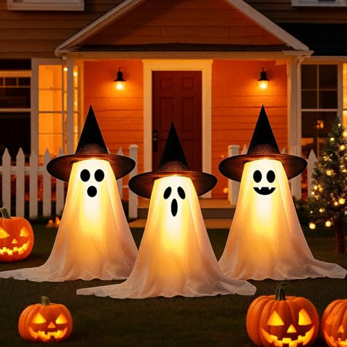 3 Stück Halloween Deko Leuchtend Geister, 37cm LED Geister mit Hexenhut & Lichterkette, Batteriebetrieben, Leuchtende Halloween Deko für Innen & Außen, Süße Tischdeko Geister für Garten, Wand & Kamin